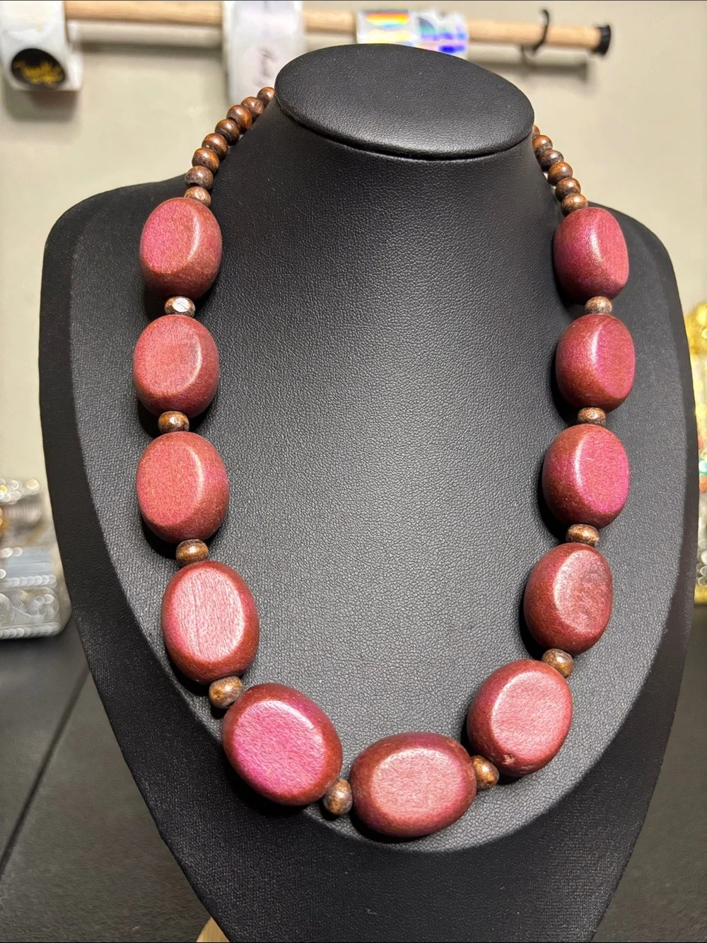 Handcrafted Boho Maroon Brown Chunky Wooden Bead Necklace